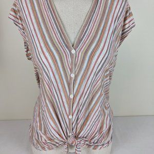 Max Studio Striped Button-Down Tie Front Blouse Shirt Top Size M